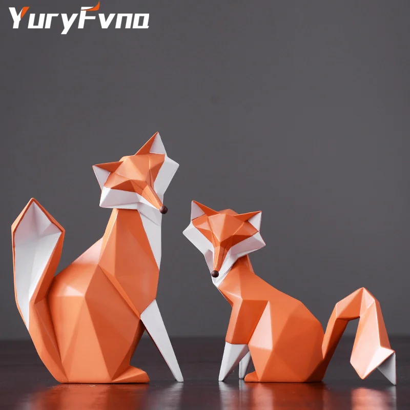 YuryFvna Orange Fox Statue Abstract Geometric Collectible Figurine Animal Home Office Decoration Gift Crafts