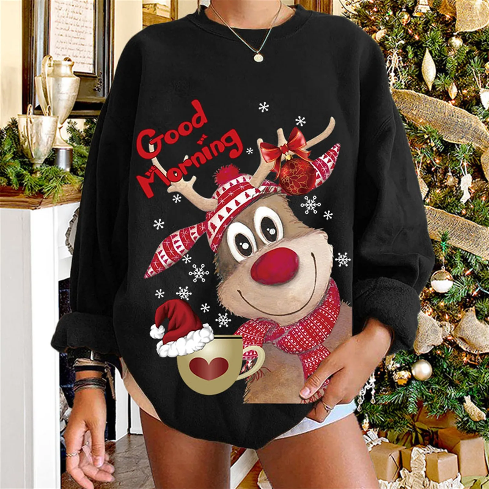 

Seeyoushy Christmas Women Sweatshirts Christmas Reindeer Good Morning Print Funny Holiday Female Sweatshirt Cartoon Tops Hoodie