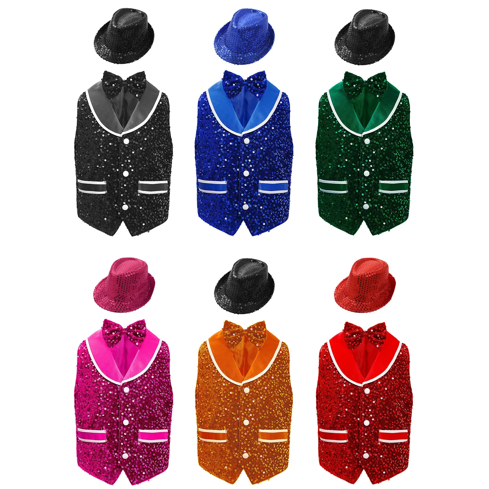 Kids Boys Girls Retro Disco Jazz Dance Performance Outifit Gentleman Sparkling Sequins Velvet Vest Buttons Waistcoat+Bowtie+Hat