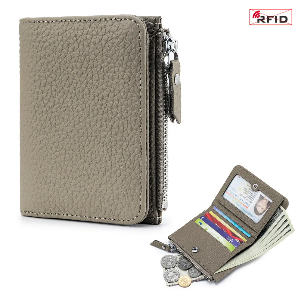 Folder RFID Protection Women Wallet Genuine Leather Multi-card Position Coin Purse Casual Durable Short Square Unisex Zipper Bag