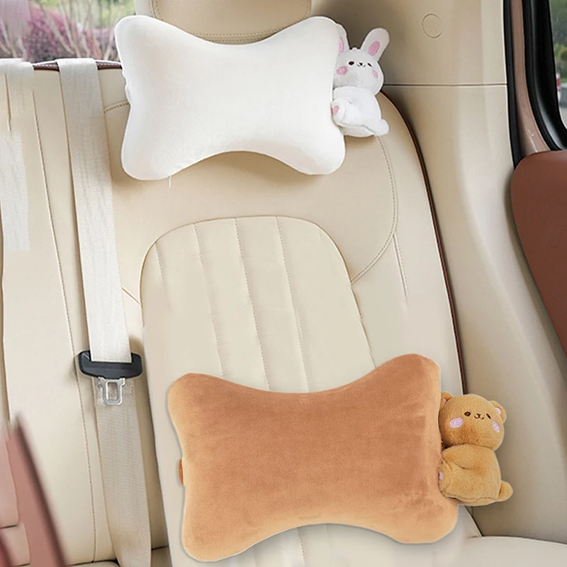 Car Headrest Pillow 1PCS Plush Bear ＆ Bunny Car Seat Headrest Pillow - Memory Foam Neck Support Cushions For Comfortable Driving