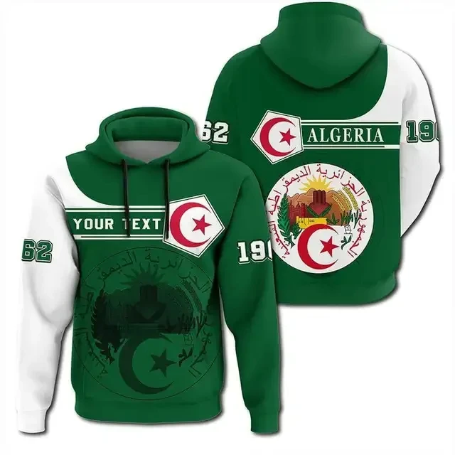 

2024 New 3D Printing African Men's Hooded Pullover Casual Sports Print Street Retro Algerian Logo Hoodie felpe