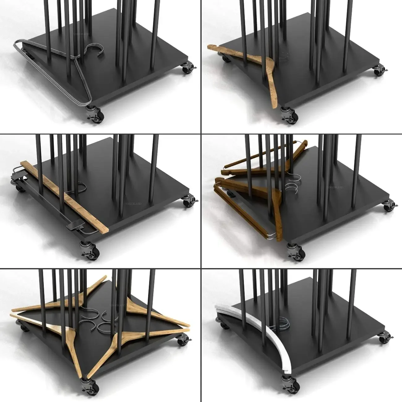 مكدس منظم شماعات، حامل شماعات 4 في 1 مع عجلات دوارة لغرفة الغسيل، متجر البيع بالتجزئة (أسود، 1)