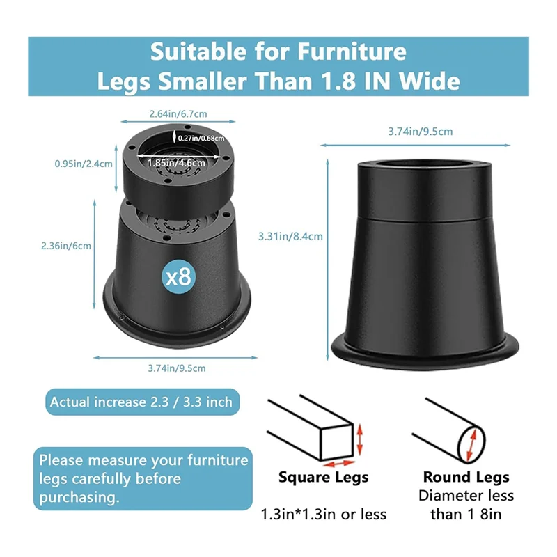 AS96-3 Inch Bed Risers Heavy Duty Furniture Riser, Bed Lifts Risers, Bed Elevator Supports Up To 6,000 Lbs 8 Pack