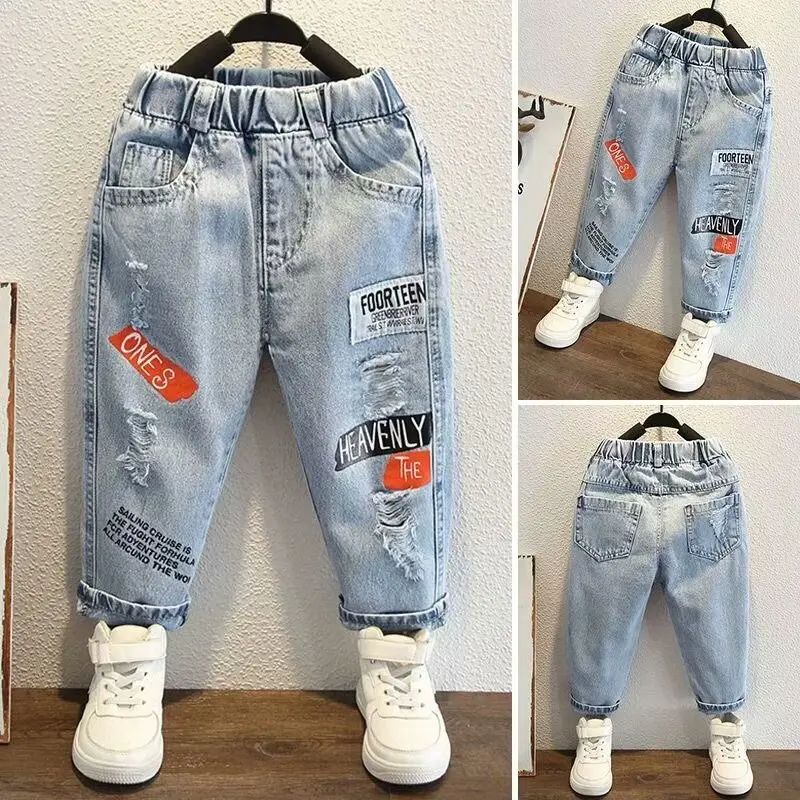 spring autumn Children Jeans Denim Ripped  Pants Boys Girls Jean Clothing Cotton trousers