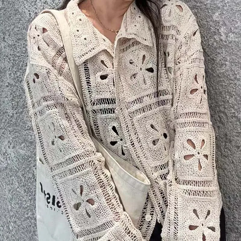 보링 허니 레트로 크로셰 뜨개질 속이 비치는 가디건, 초가을 신상 라펠 고품질 올매치 탑 싱글 버튼 가디건 코트