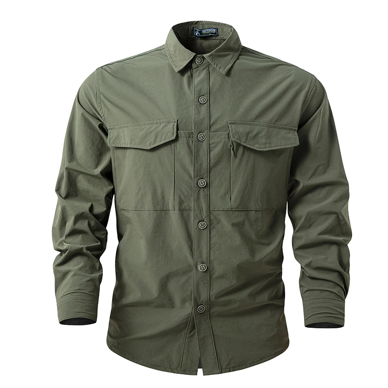 Camisa militar informal para hombre, Blusa de manga larga, color verde, a la moda, primavera y otoño, 2024