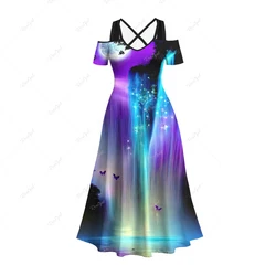 Plus Size A Line Dress Cold Shoulder Colorful Glitter Ombre Fall Mountain Tree Butterfly Moon Galaxy Printed Hawaii Crisscross