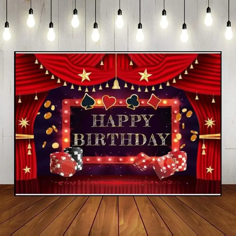 Casino Photography Backdrops Slot Machine Background Birthday Decoration Chips Photo Table Custom Backdrop Red Black Cards Gold