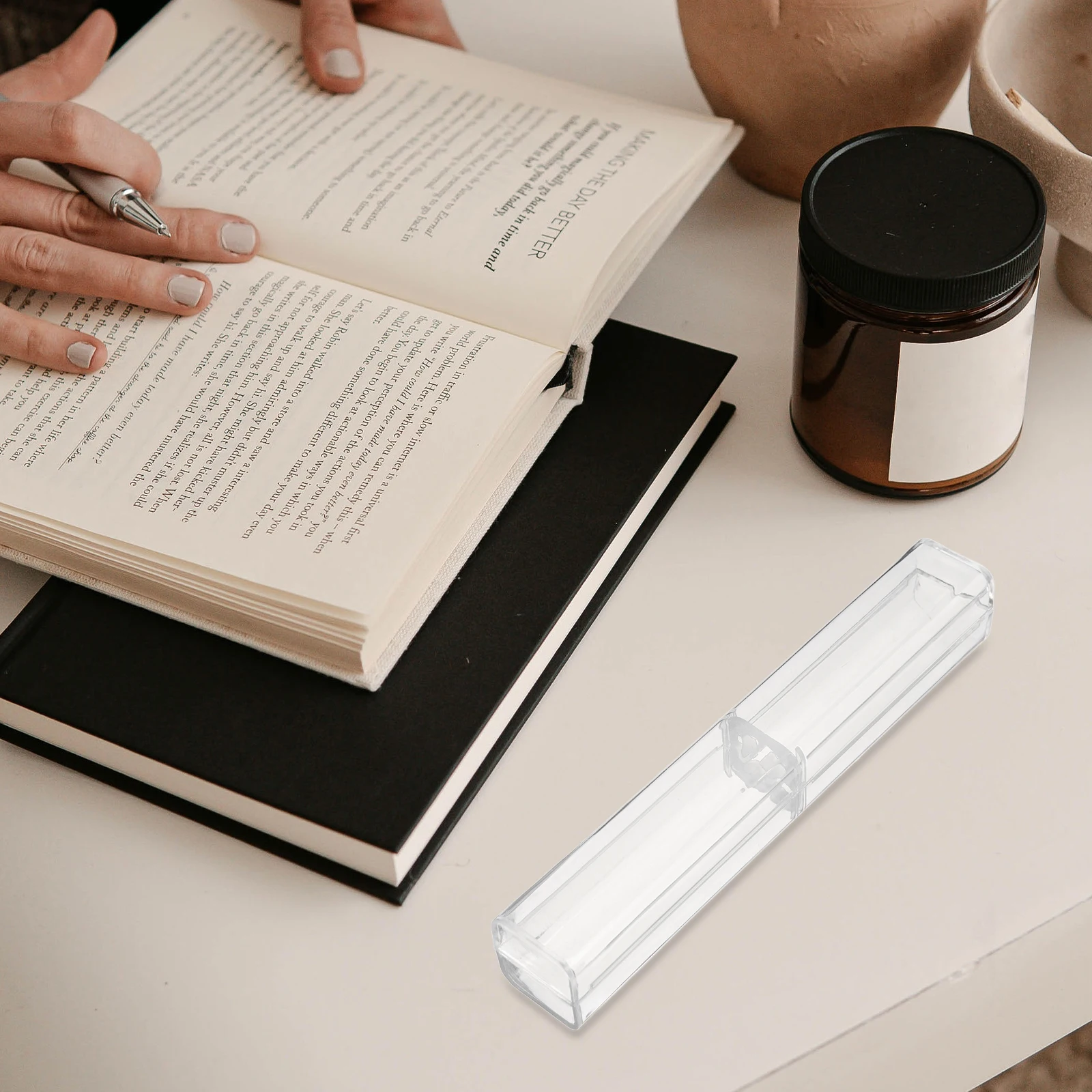 

10pcs Crystal Transparent Pen Box Durable Plastic Pencil Case Fixed Ring Design For Students s Office Supplies Ballpoint Pen