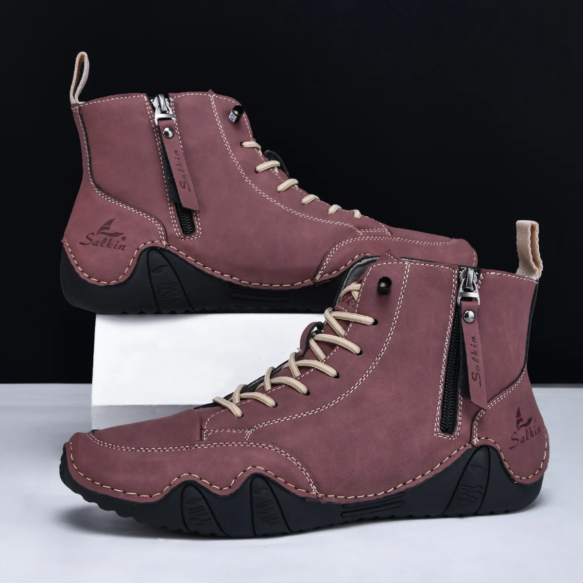 새로운 2025 수제 남성 발목 부츠 디자인 운동화 남자 야외 캐주얼 가죽 남성 신발 발목 부츠 가을 통기성 빅 사이즈 48