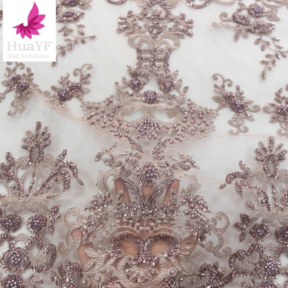 

Fashion Show Hot Sale African Handmade 3D Beaded Pearl Embroidery Sequin Lace Dress Fabric 5 Yards HY1266