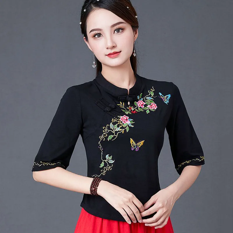 Cheongsam Womens Plus Size Short Tops 2024 Summer Cotton Blend Embroidery Splicing Half Sleeve Slim Chinese Qipao Shirts Woman