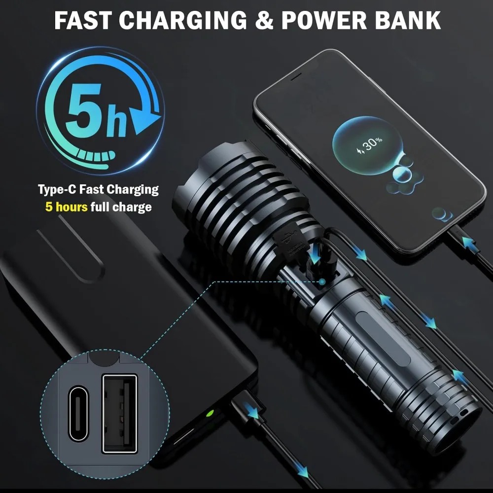 Flashlights High Lumens, Super Bright Rechargeable Flash Light, Powered by Battery