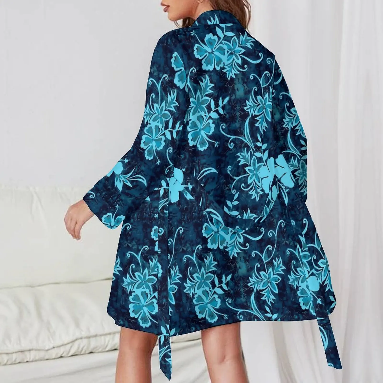 Blue Retro Flower Pajama Robe V Neck Hawaiian Hibiscus Soft Dress Women Long Sleeve Bedroom Bathrobe Printed Pajamas Robes