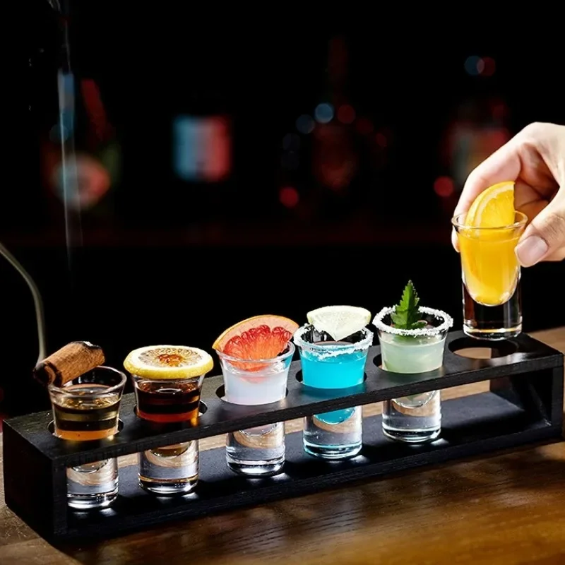 6 Hole Wooden Shot Glass Tray with 6pcs Shot Glasses Cup Clear Heavy Base Spirit Glasses Set for Vodka Bar Party Accessories