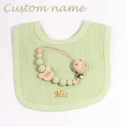 Personalised Baby Bibs and Pacifier Chain Set Custom Embroidery Name Cotton Infant Saliva Towel Bib Baptism Baby Shower Gifts