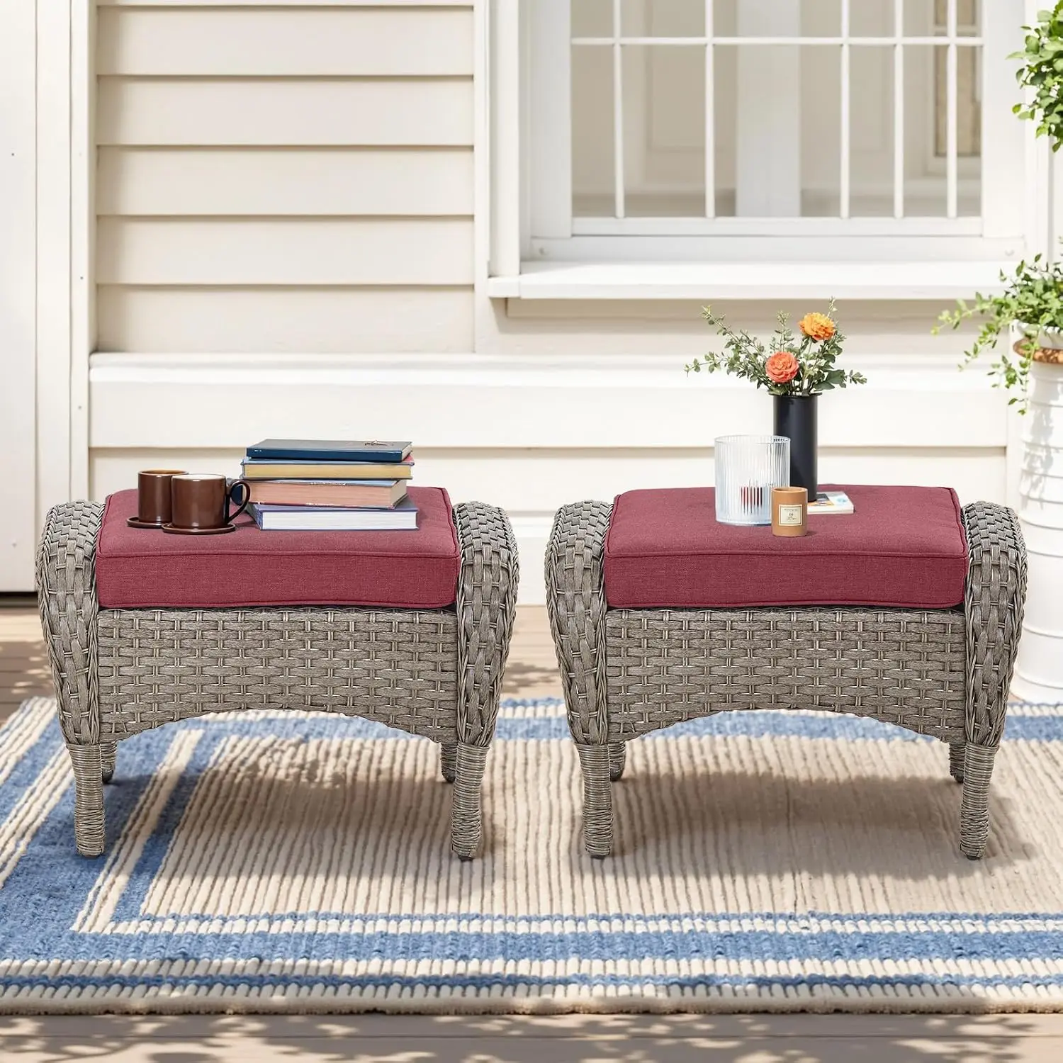 Outdoor Ottomans for Patio Foot Rest - 25 Inch PE Wicker Foot Stool Set of 2 with Removable Cushions for Patio, Customized