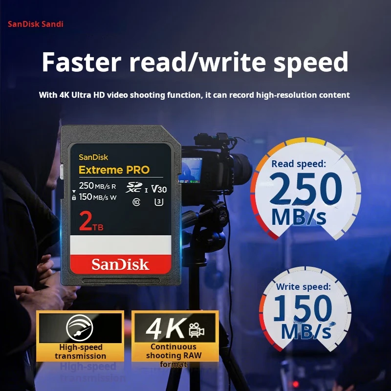 

Карта памяти SanDisk SD 2 ТБ, 4K V30 U3 C10, карта памяти камеры, скорость чтения 250 МБ/с, карта памяти для беззеркальных/DSLR камер
