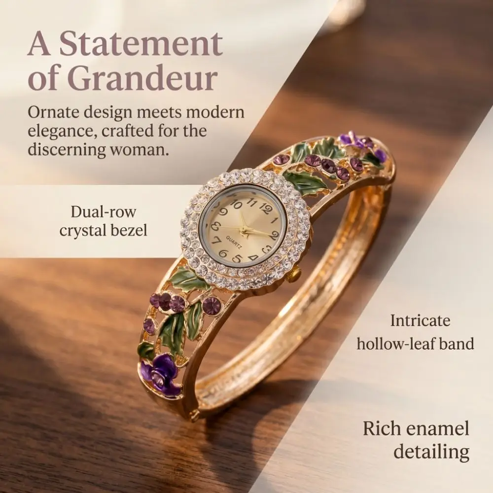Rich In Flowers Vintage Watch Round Dial Rhinestone Bracelet Quartz Watch Versatile Design Crystal Jewelry Bracelet Watch