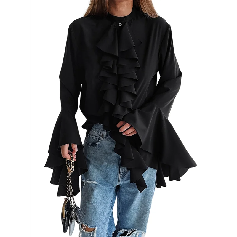 

CGS-женские повседневные блузки с расклешенными рукавами и воротником-стойкой, топы с рюшами, летняя модная рубашка для отпуска