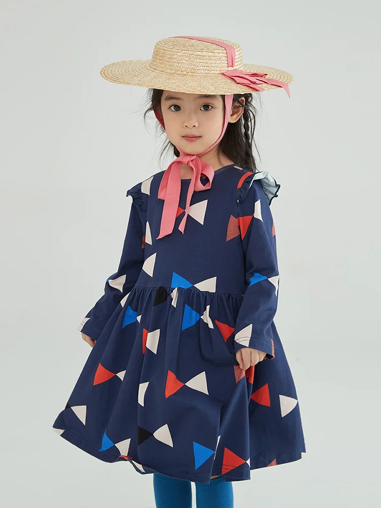 

100% Cotton High Quality Baby Girls Dresses Full Sleeve 2022 Spring Autumn Deep Blue Geometry Printed Kawaii Children Clothes