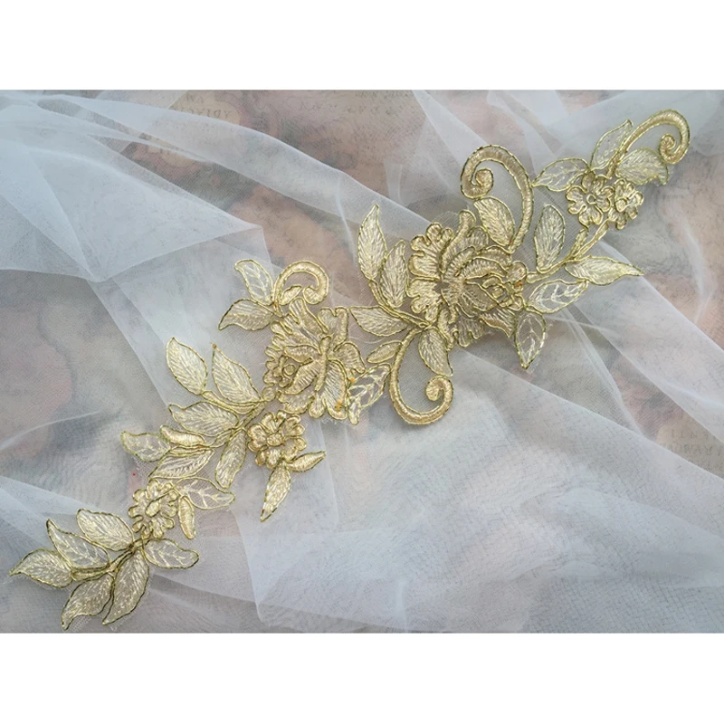 1 Pair Gold Flower Embroidered  Lace Edge Floral Applique Patches Fabric Sewing Craft Vintage Wedding Dress 37.5*11.5cm