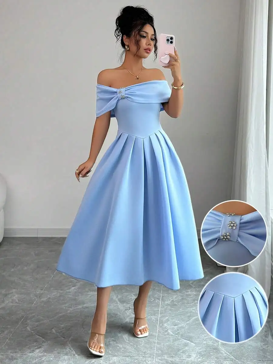 

Light Blue Off-Shoulder Bow Rhinestone Midi Dress with Pleated Skirt