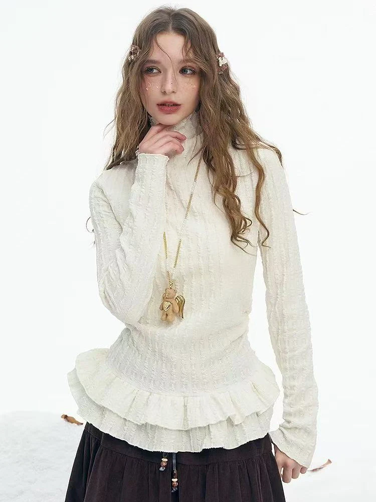 Ruffled Patchwork T Shirt for Women Spring New Mock Neck Slim Base Tops Female Sweet Preppy Splicing Long Sleeve Tees