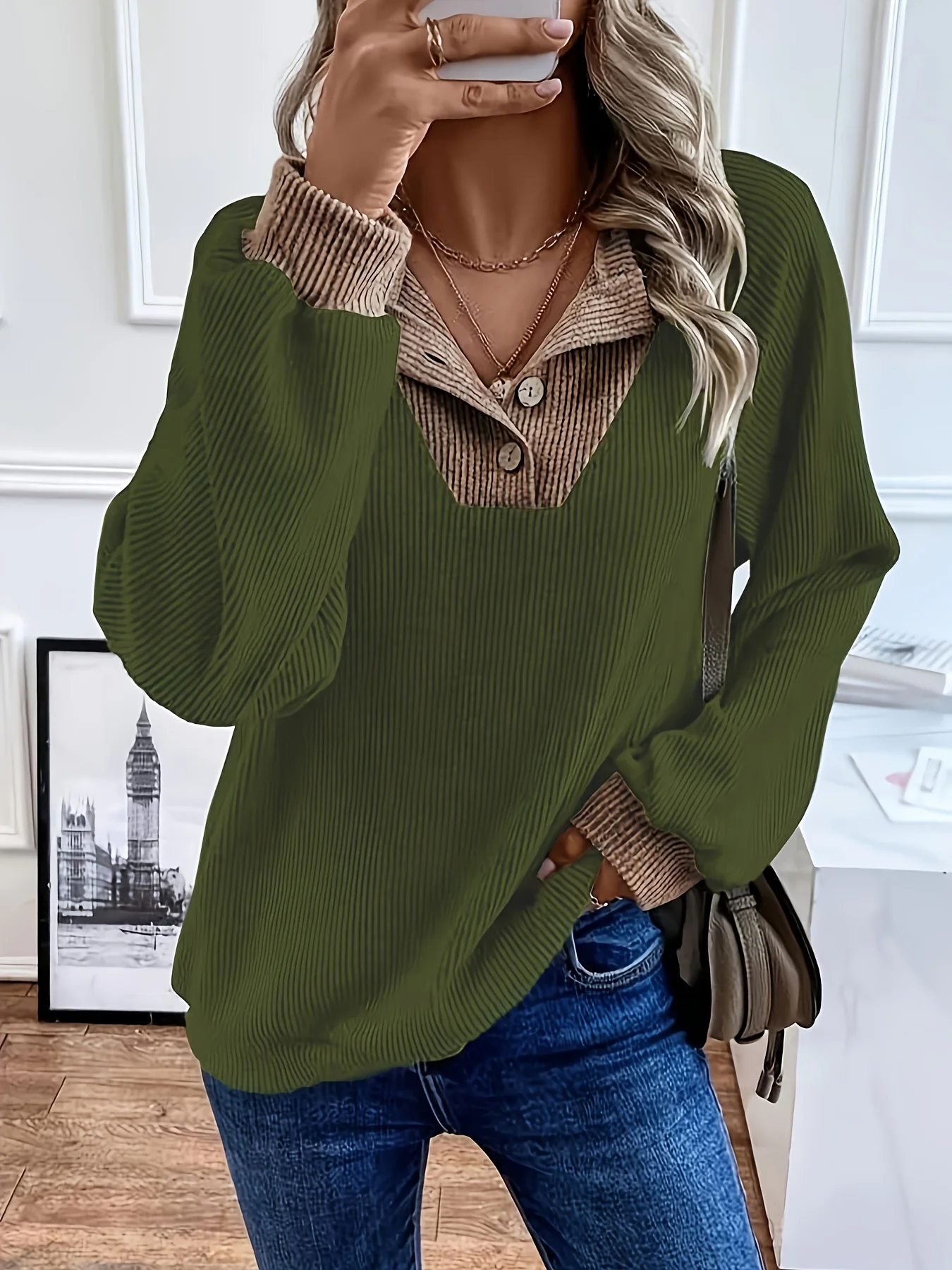 

Women's V-Neck Ribbed Knit Sweater Contrast Corduroy Collar Long Sleeve Pullover Casual Loose Fall Winter Top