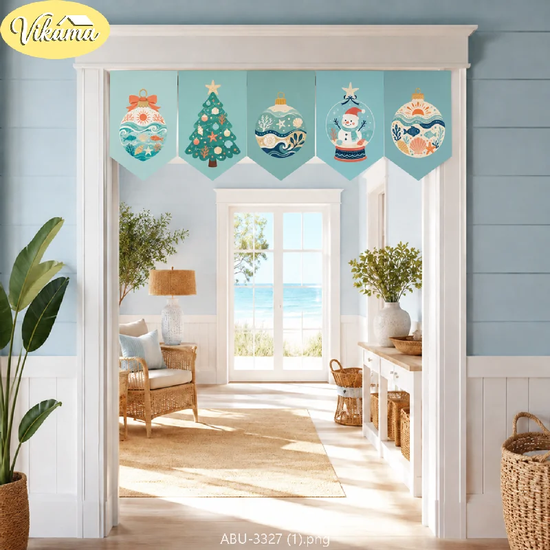 VIKAMA Coastal-Style Christmas Triangle Bunting, Christmas Tree Crystal Ball and Seashell Triangle Bunting, Holiday Home Decor