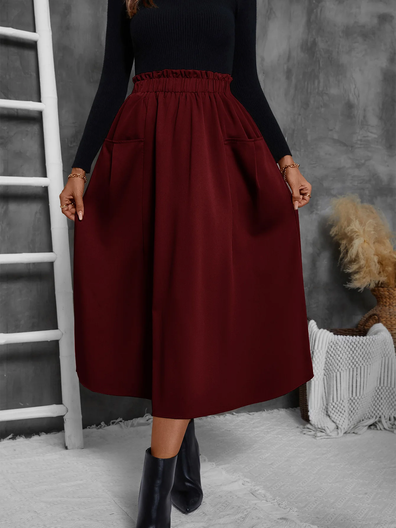 

High Waisted a Line Midi Skirt Elegant Solid Color Half Skirt with Elastic Waist and Side Pockets Perfect for Casual Wear