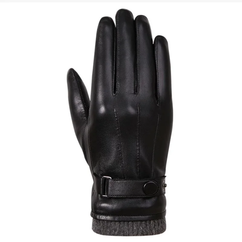 Men's Genuine Leather Gloves Real Sheepskin Black Men Gloves Button Fashion Brand Winter Warm Mittens