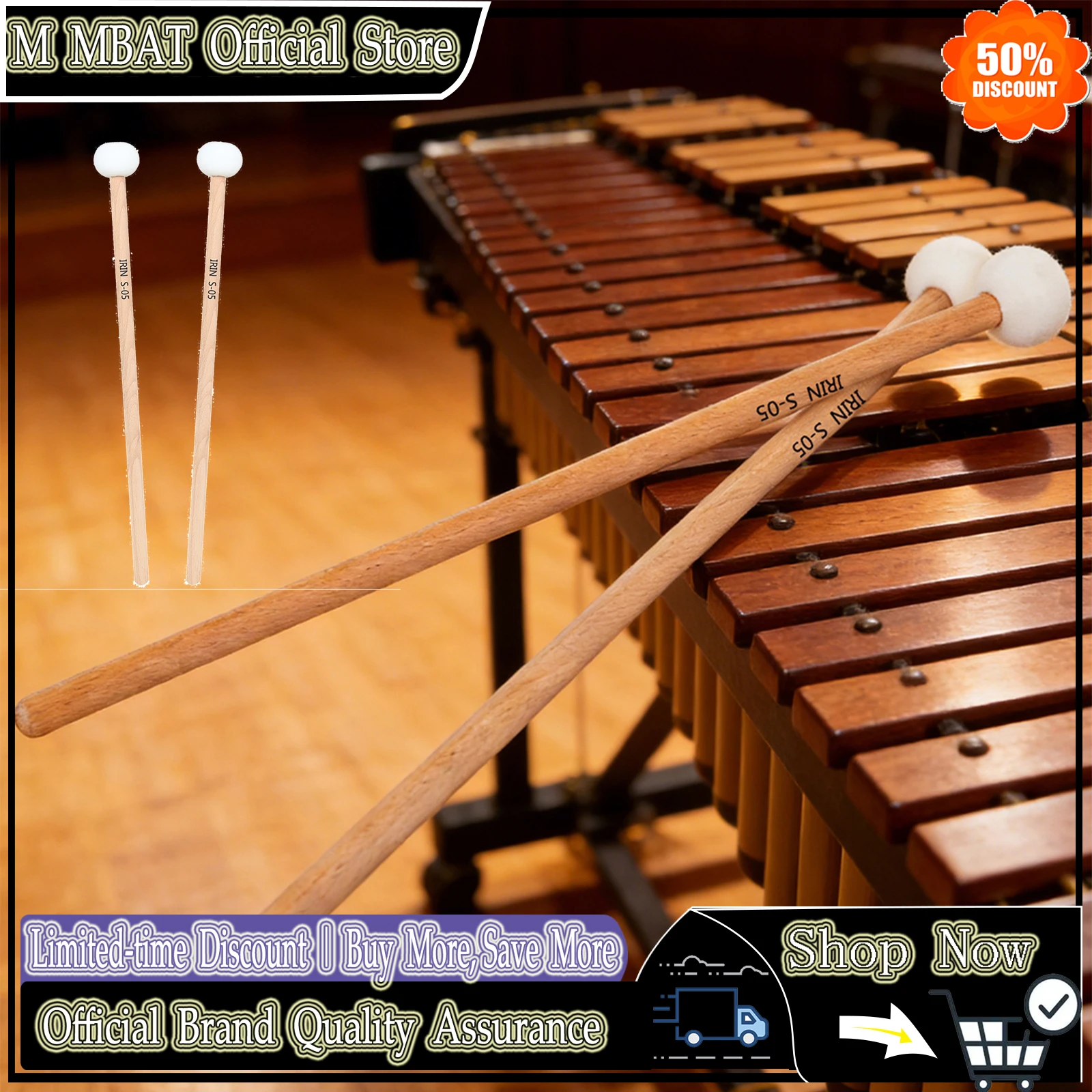 

M MBAT S-05 Drum Mallet Hammer White Felt Timpani Snare Drum Drumsticks for Glockenspiel, Marching Drum, with Wooden Handle