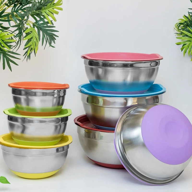 5Pcs Stainless Steel Mixing Bowls 18-26Cm Diameter Metal Nesting Bowls With Colorful Airtight Lids Non-Slip Bottoms