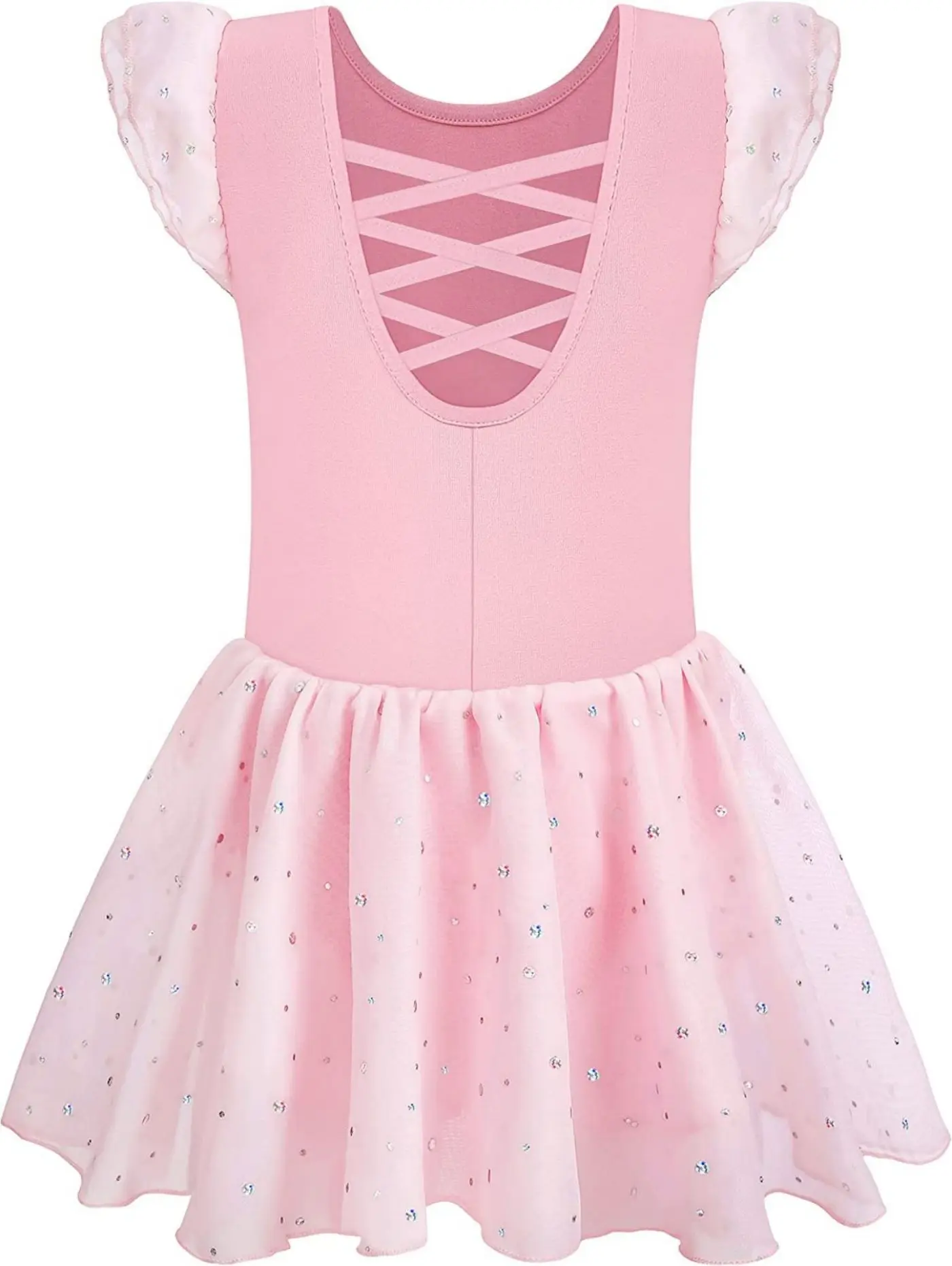 Leotardos de baile para niñas, vestido de ballet, falda brillante, manga con volantes, espalda cruzada