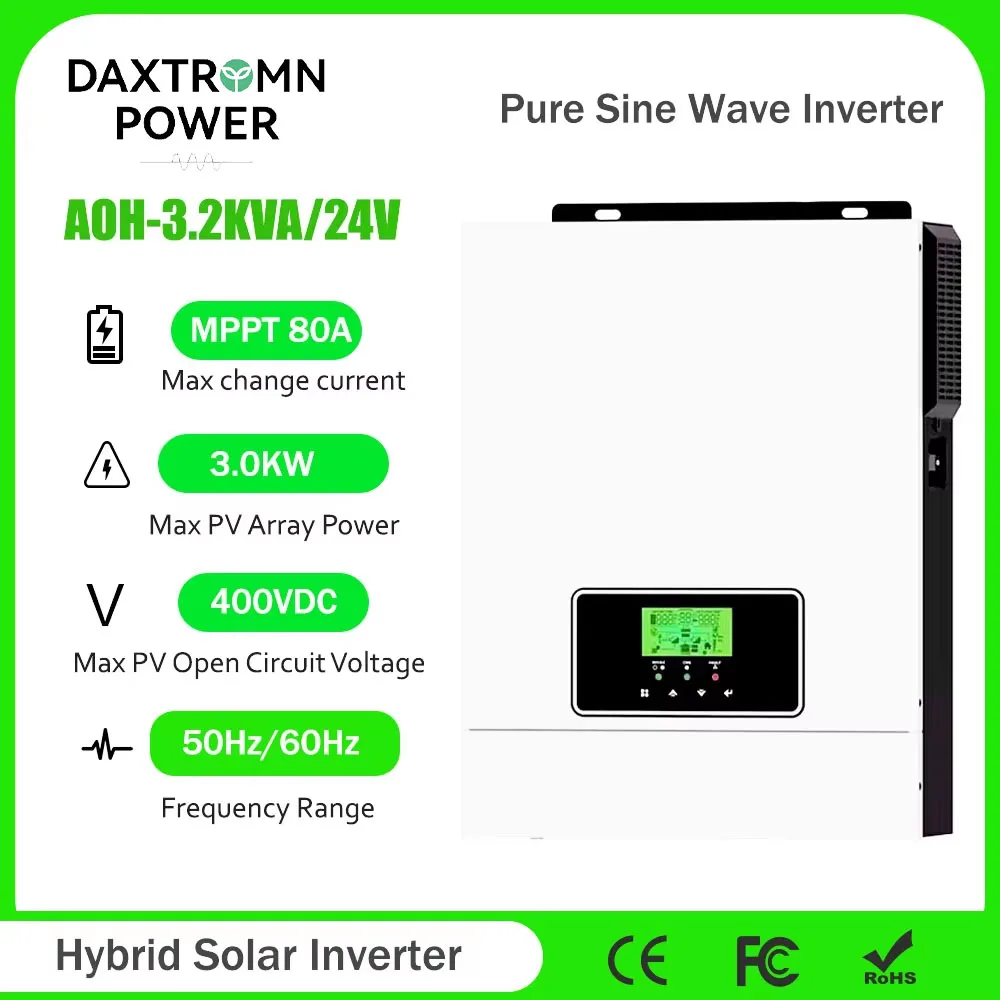 Daxtromn 3KW Hybrid Solar Inverter Off-grid 3.2KVA 24V 220V MPPT Built-in 80A Pure Sine Wave Inverter Solar Charger