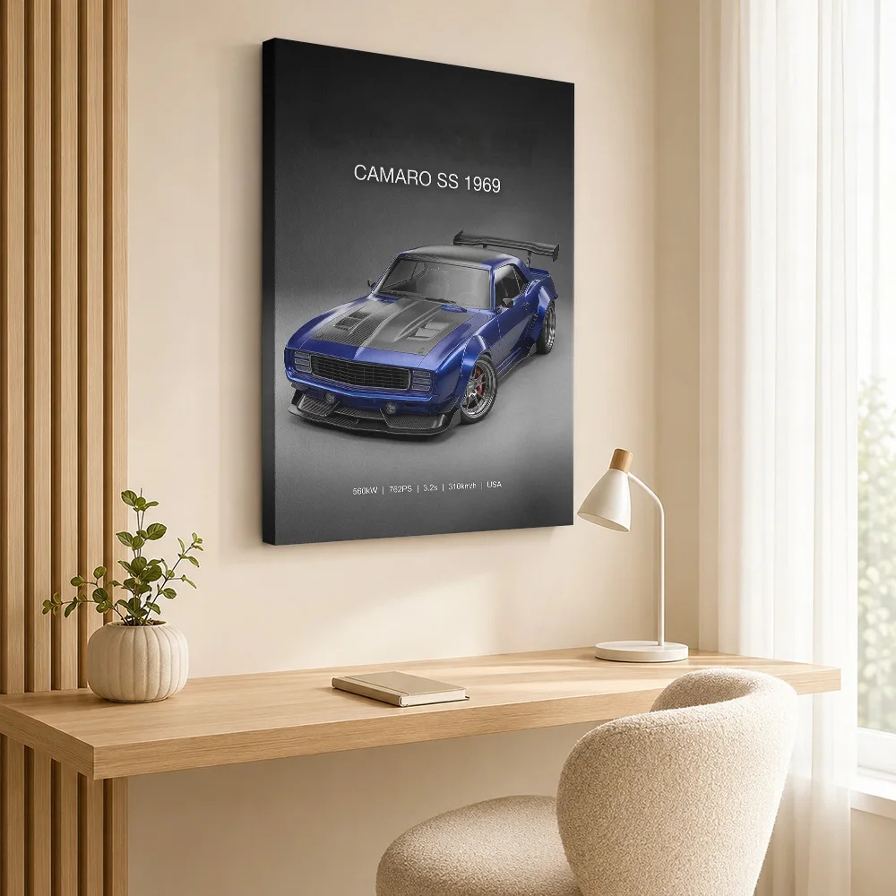 A dynamic Sports Camaro SS 1969 car Canvas Print Poster Custom Retro Automotive Canvas Wall Art for Garage Decor Ready to Hang