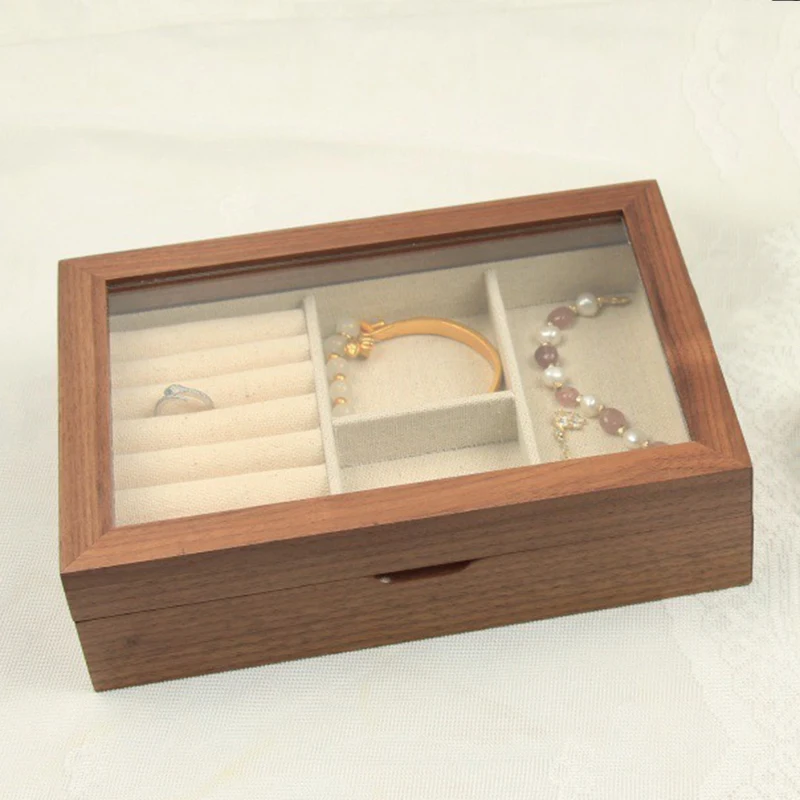 

Wooden Small Jewelry Box Earring Organizer Storage Boxes Portable Ring Holder Glass Cover Necklace Display Organizers Gift Box