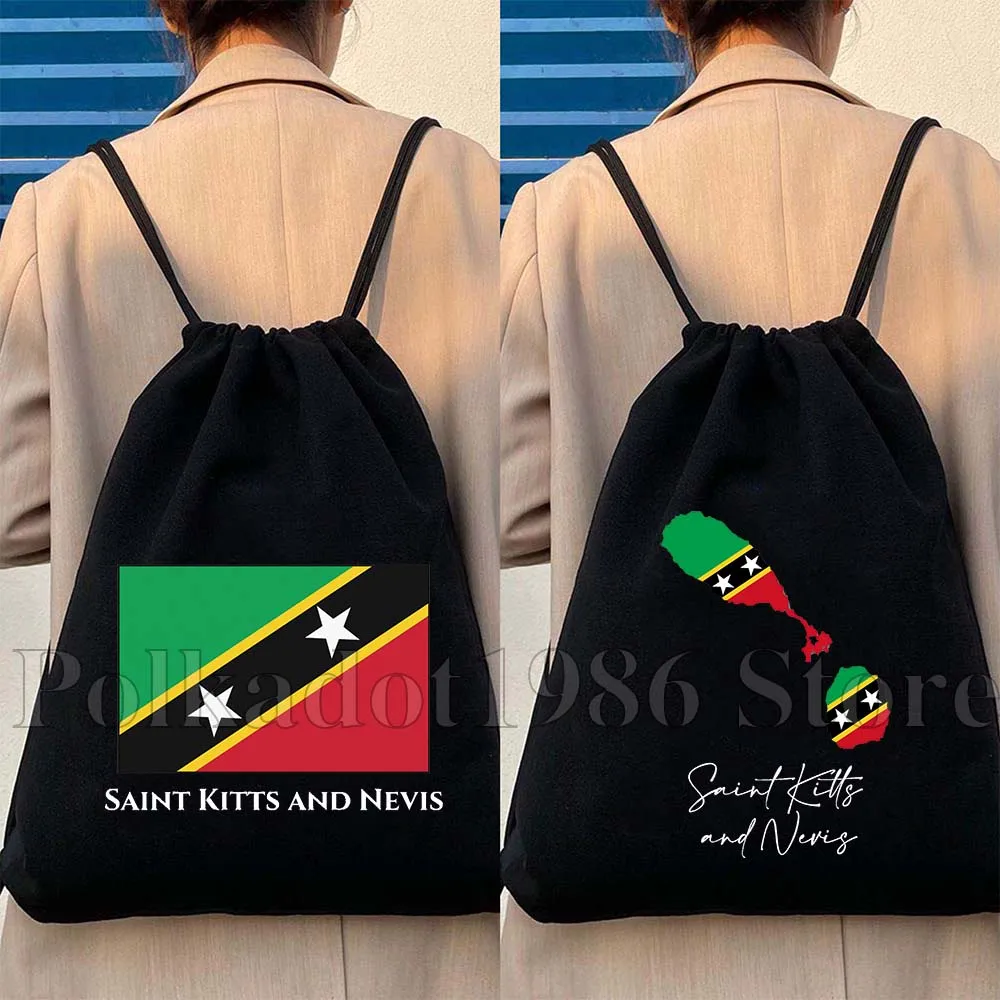 Saint Kitts and Nevis Flag Map Travel Gifts Canvas Drawstring Bags Soccer Backpack Gym Sackpack Gifts String Bag for Sports Yoga