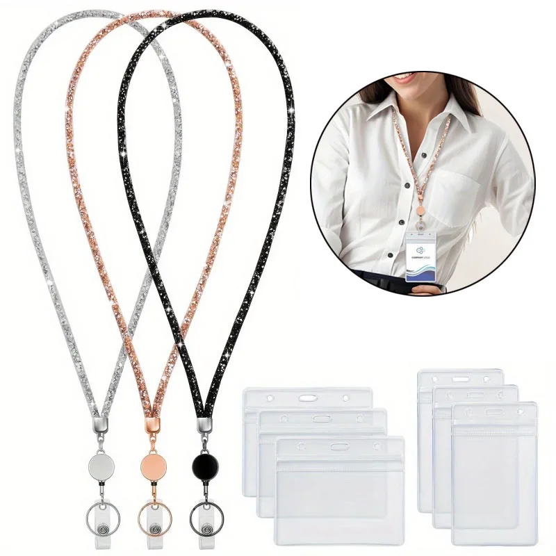 Lanyards For Id Badges 3 In 1 Set Bling Badge Lanyard With Id Badge Holder Retractable Crystal Teacher Lanyards ID Hanging Rope