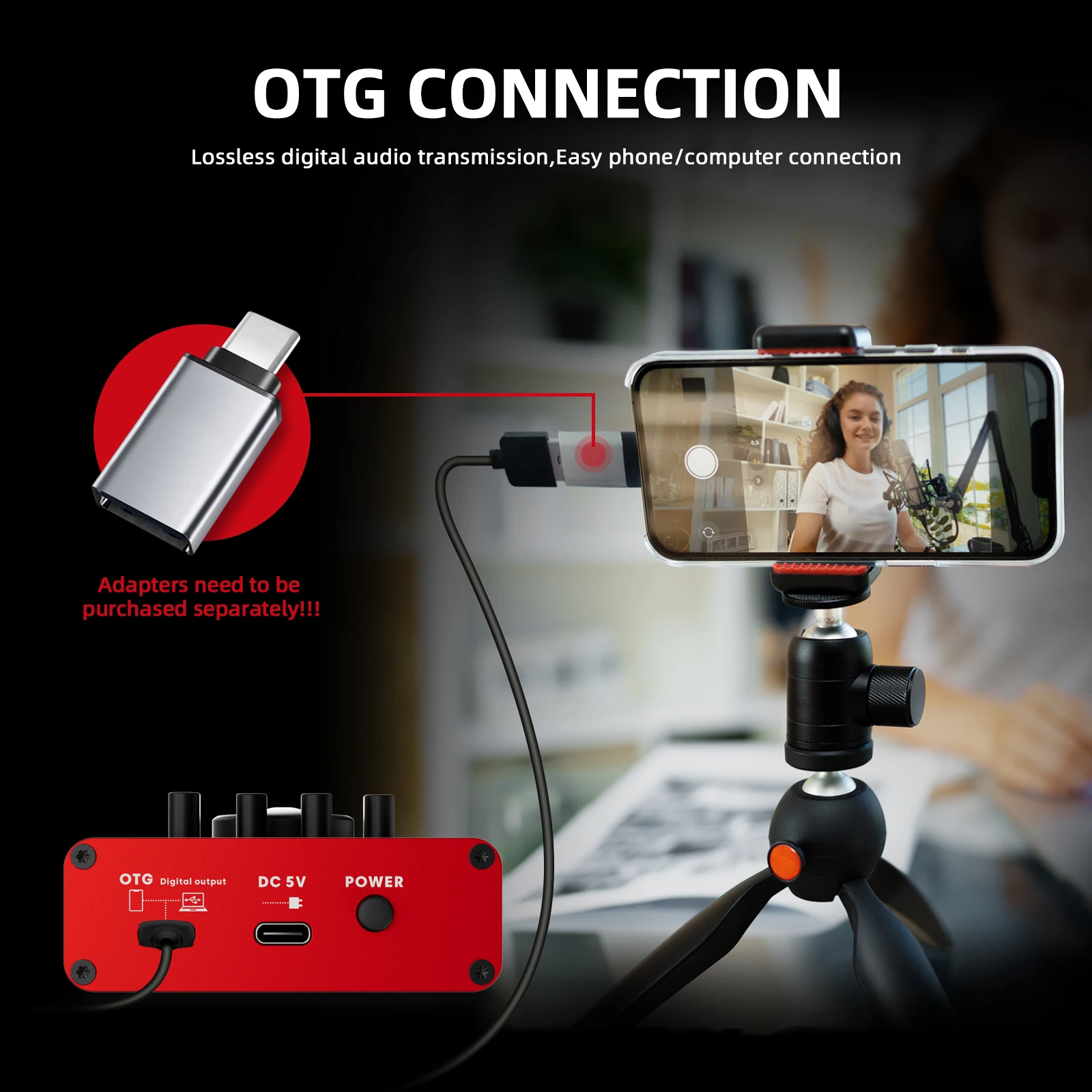 Tarjeta de sonido externa portátil con Bluetooth, muestreo OTG de 24 bits/48 KHz, reverberación y Control EQ, para Podcast/streaming/juegos en Comp