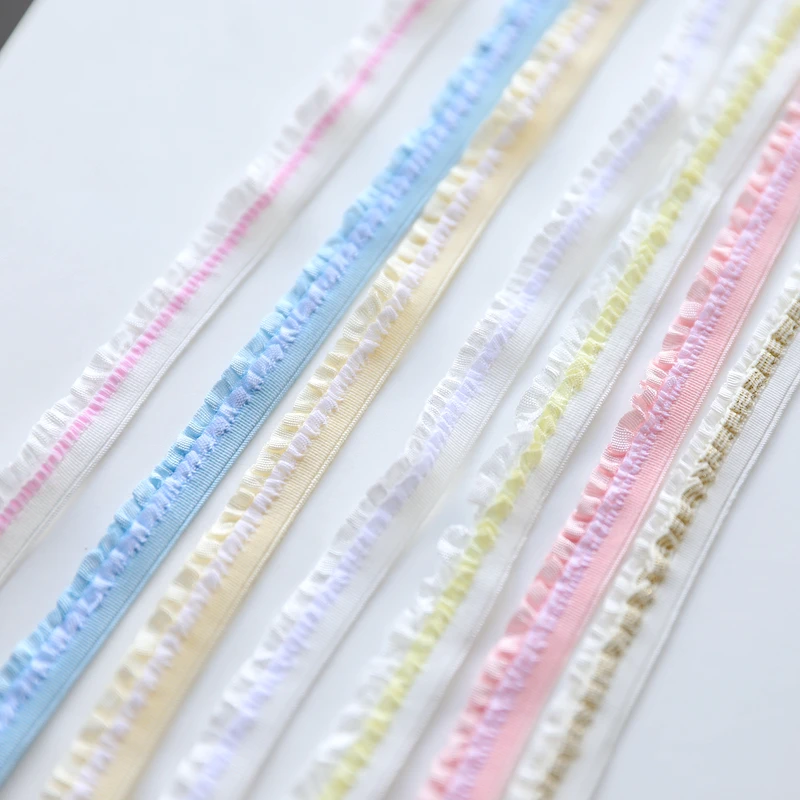 3 Meters 1.2cm wide White Light Yellow Pink Blue Double layered Pleated Elastic Lace Trim