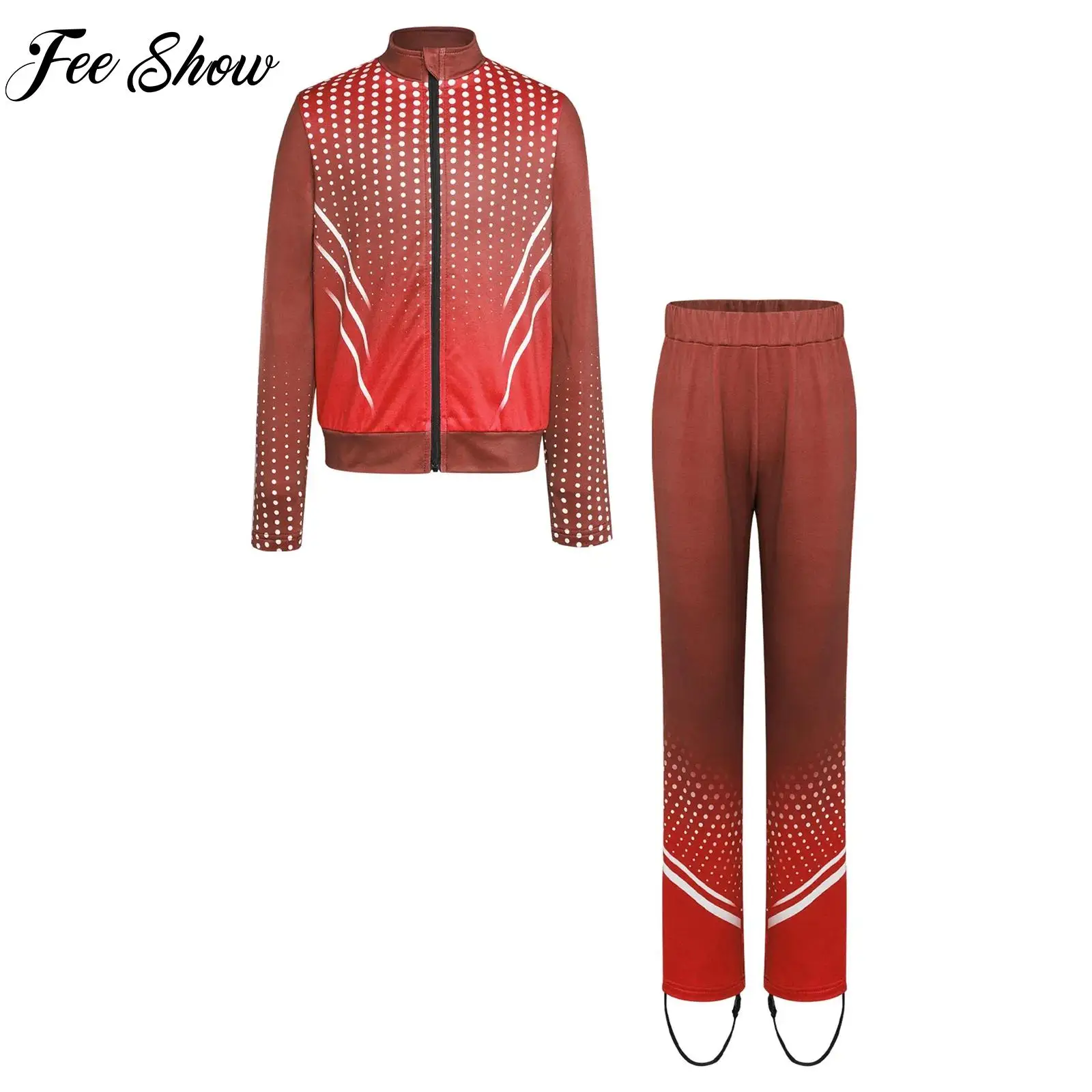 

Child Boys Figure Ice Skating Roller Skating Practice Performance Costumes Long Sleeves Thumbholes Dots Zipper Jacket with Pants
