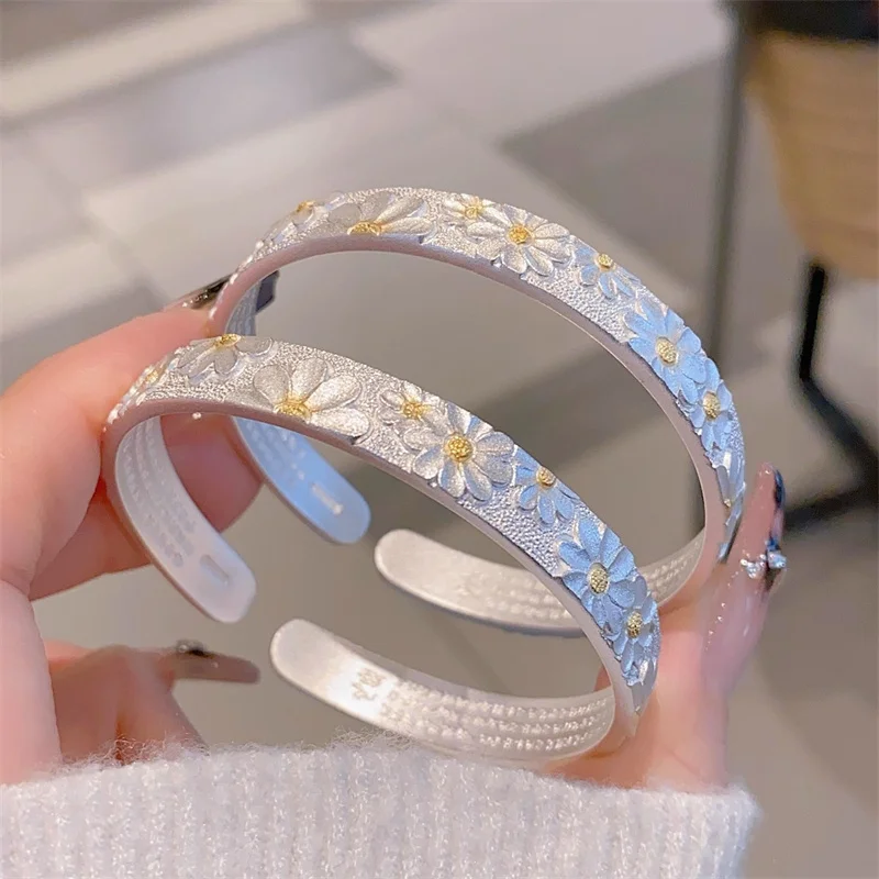 

999 pure silver daisy open bangle, ethnic-style solid bangle, a high-end jewelry gift for your girlfriend