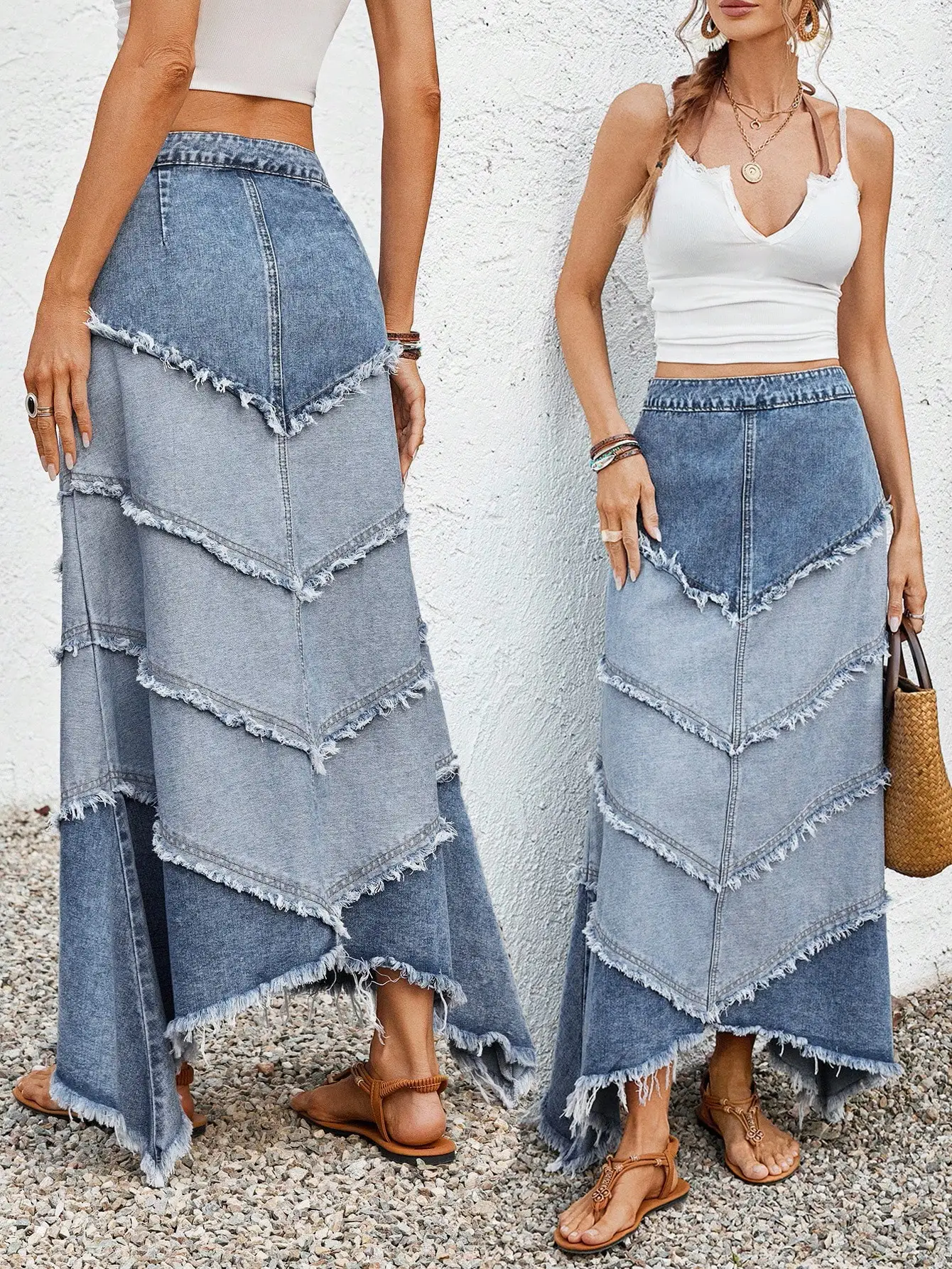 Women Denim Asymmetrical Midi Skirt With Frayed Hem Streetwear Casual