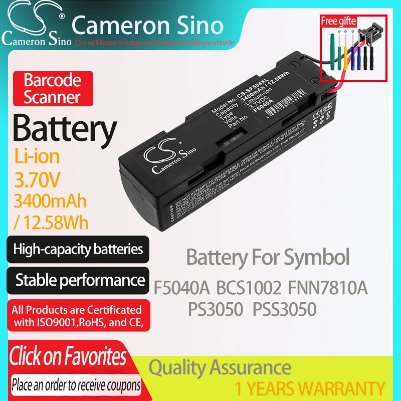 CameronSino Battery for Symbol F5040A PS3050 BCS1002 FNN7810A PSS3050 fits Symbol F5040A Barcode Scanner battery 3400mAh 3.70V