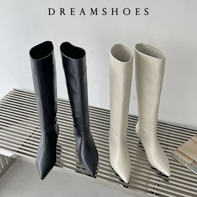 

2025 New Fashion Low Heel Ladies Modern Western Boots Autumn Spring Pointed Toe Long Women Knee High Boots Female Pumps Shoes