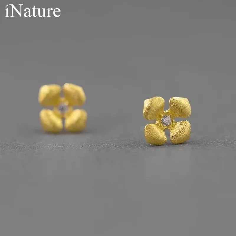 INATURE 925 Sterling Silver Lucky Clover Earrings Four-Petal Flower Stud Earring Fashion Jewelry