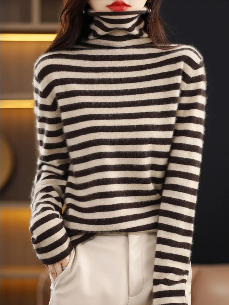 

100% Merino Wool Women Sweater Autumn Winter Pile Collar Knitwear Striped Warm Pullover Long Sleeve Clothing Tops Casual Jumper